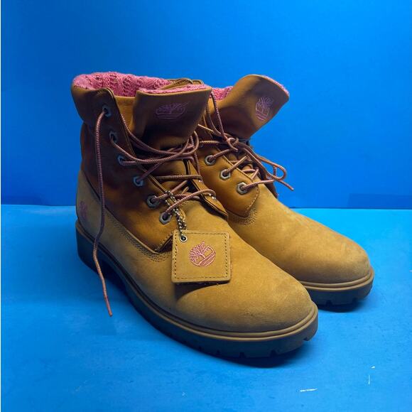 TIMBERLAND Women's sz 10 M Boots Shoes Tan Leather with Pink Lined Fold Over - Picture 1 of 10